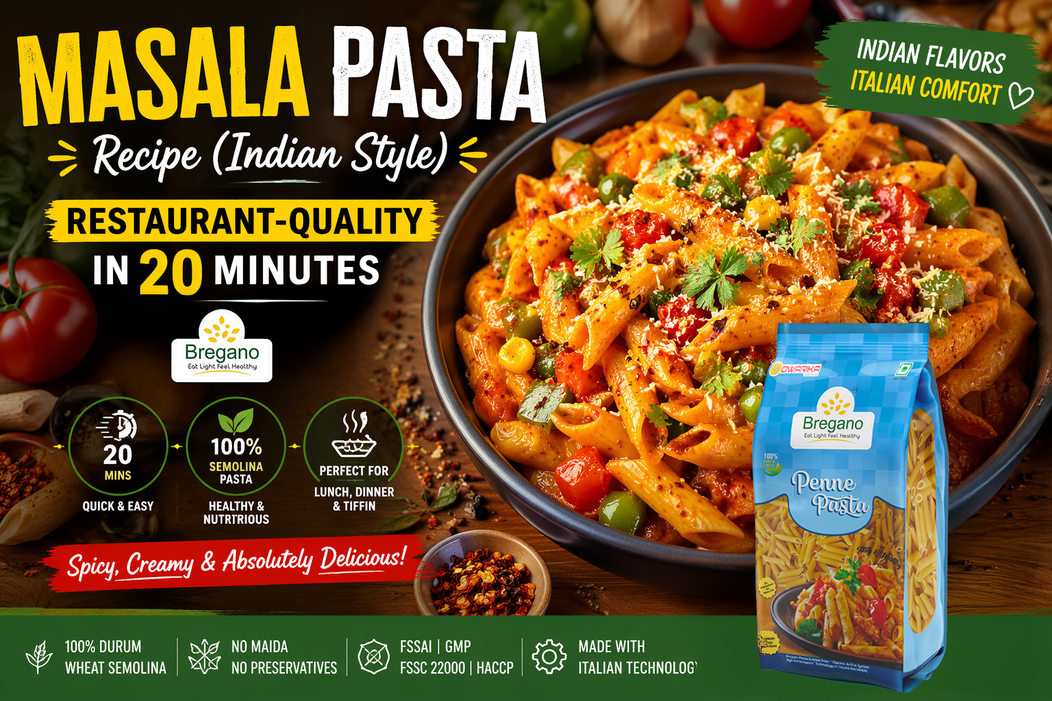 Masala Pasta Recipe (Indian Style) | Restaurant-Quality in 20 Minutes with Bregano